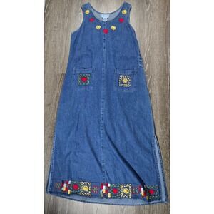 VNTG Carolina Blues Denim Maxi Jumper Dress - Hearts & Sunflowers - Medium